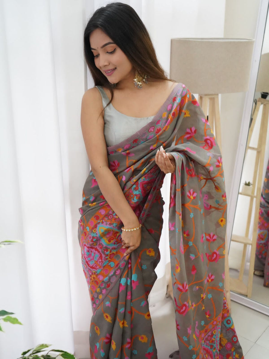 Smoky Grey Kashmiri Modal Pashmina Silk Saree - Shop authentic Indian Women's Fashion by Silk Folks