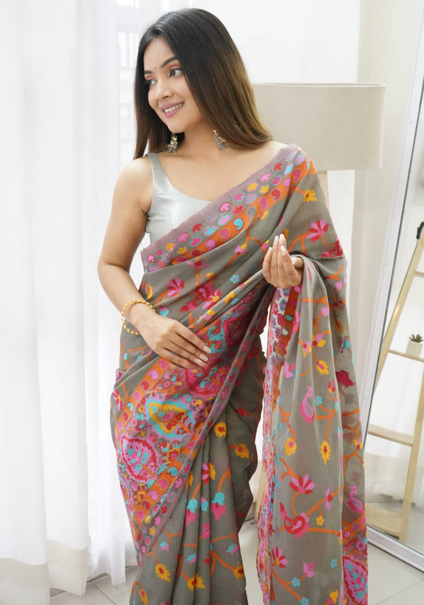 Smoky Grey Kashmiri Modal Pashmina Silk Saree - Shop authentic Indian Women's Fashion by Silk Folks