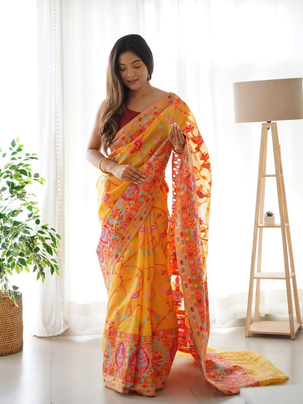 Sunflower Yellow Kashmiri Modal Pashmina Silk Saree - Shop authentic Indian Women's Fashion by Silk Folks