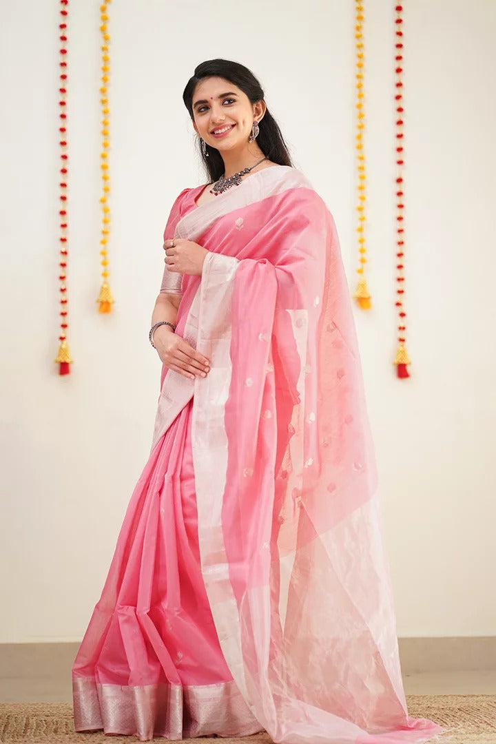 Daisy pink Maheshawari Cotton Silk Saree - Shop authentic Indian Women's Fashion by Silk Folks