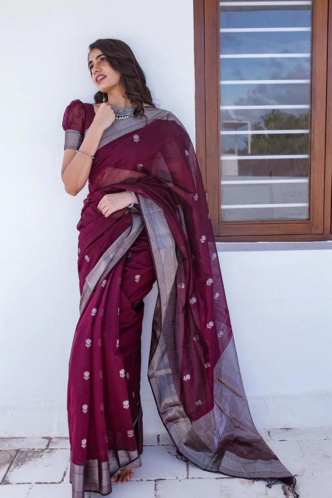 Grape Wine Maheshawari Cotton Silk Saree - Shop authentic Indian Women's Fashion by Silk Folks