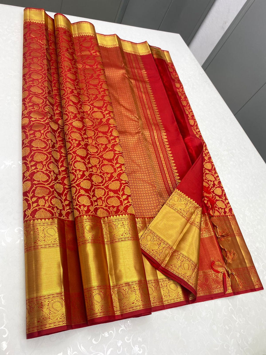 Classy Red Kanjivaram Silk Saree with Precious Blouse Piece - Shop authentic Indian Women's Fashion by Silk Folks