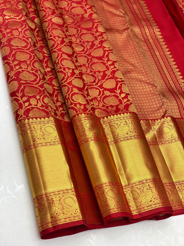 Classy Red Kanjivaram Silk Saree with Precious Blouse Piece - Shop authentic Indian Women's Fashion by Silk Folks