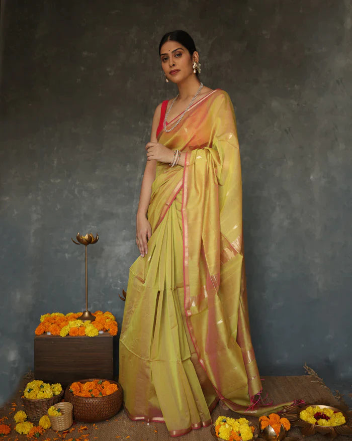 Chatoyant Mustard Cotton Silk Saree With Excellent Blouse Piece - Shop authentic Indian Women's Fashion by Silk Folks