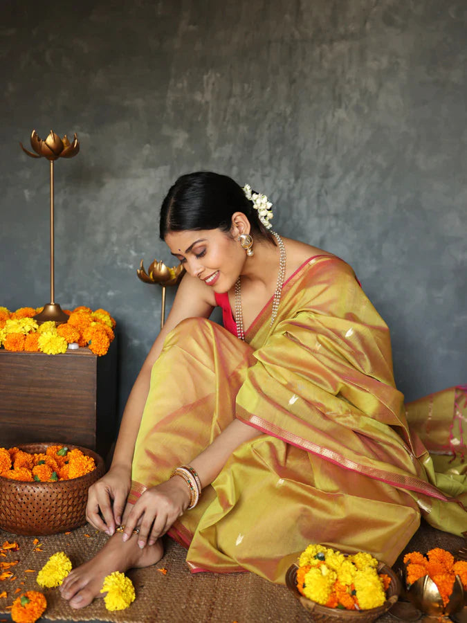 Chatoyant Mustard Cotton Silk Saree With Excellent Blouse Piece - Shop authentic Indian Women's Fashion by Silk Folks