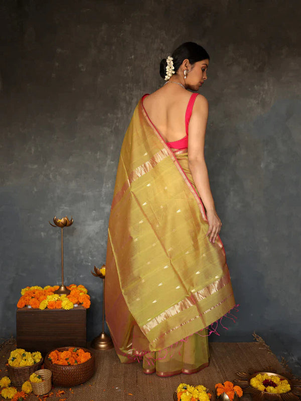 Chatoyant Mustard Cotton Silk Saree With Excellent Blouse Piece - Shop authentic Indian Women's Fashion by Silk Folks