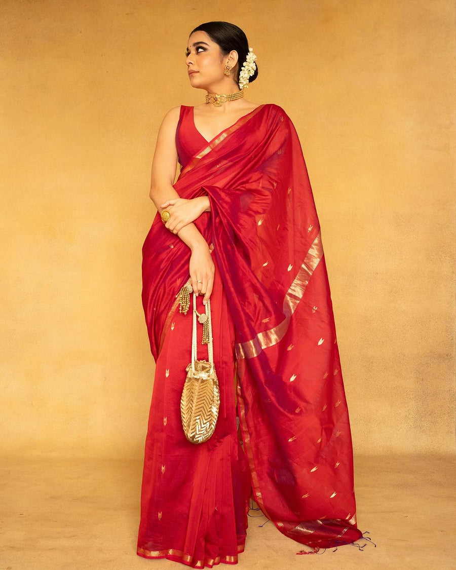 Splendiferous Red Cotton Silk Saree With Assemblage Blouse Piece - Shop authentic Indian Women's Fashion by Silk Folks