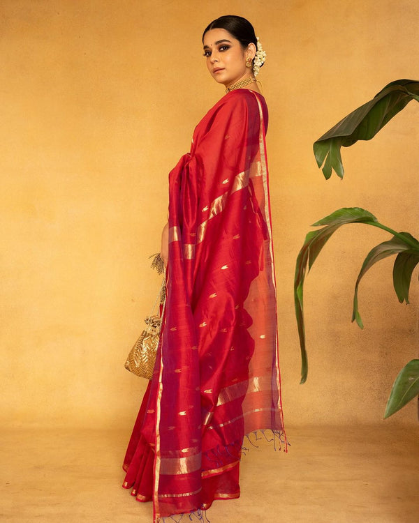 Splendiferous Red Cotton Silk Saree With Assemblage Blouse Piece - Shop authentic Indian Women's Fashion by Silk Folks