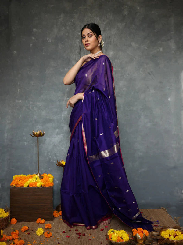 Classic Navy Blue Cotton Silk Saree With Exceptional Blouse Piece - Shop authentic Indian Women's Fashion by Silk Folks