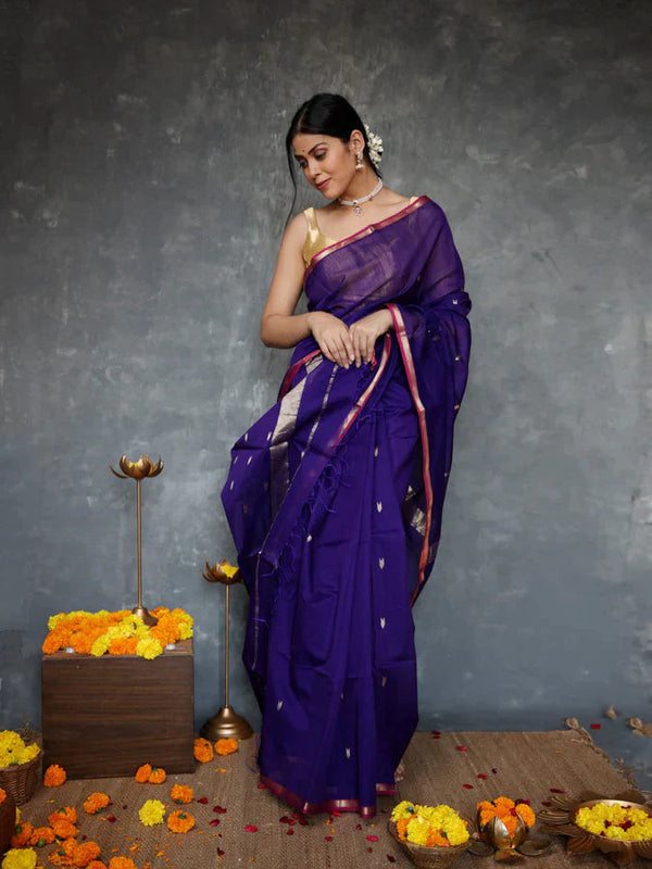 Classic Navy Blue Cotton Silk Saree With Exceptional Blouse Piece - Shop authentic Indian Women's Fashion by Silk Folks