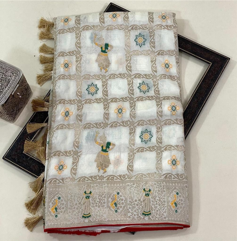 Stunner White Dola Silk Saree With Murmurous Blouse Piece - Shop authentic Indian Women's Fashion by Silk Folks