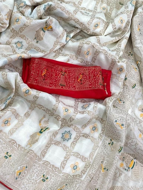 Stunner White Dola Silk Saree With Murmurous Blouse Piece - Shop authentic Indian Women's Fashion by Silk Folks