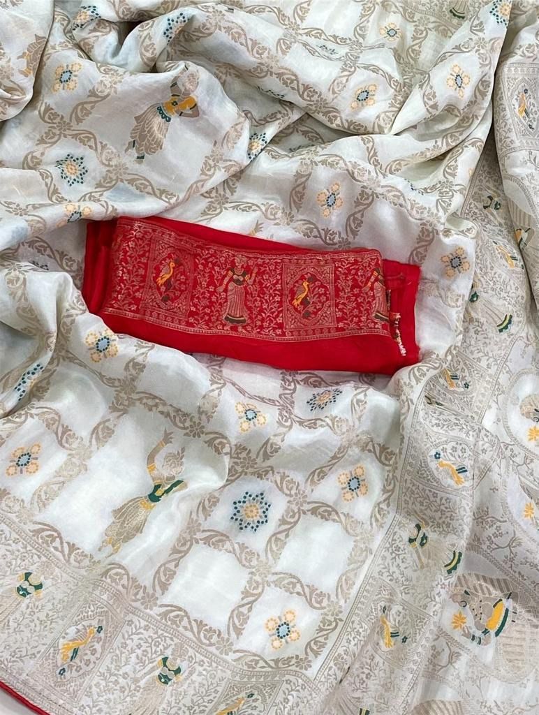 Stunner White Dola Silk Saree With Murmurous Blouse Piece - Shop authentic Indian Women's Fashion by Silk Folks