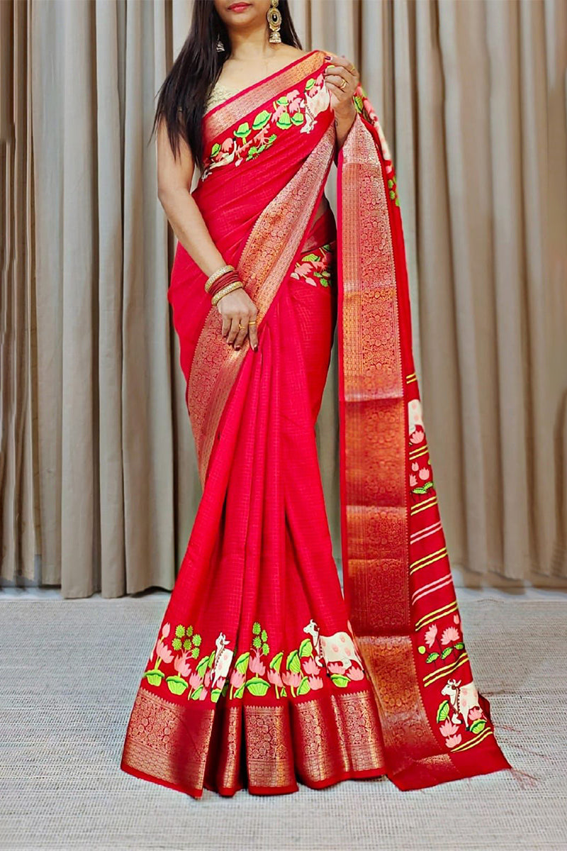 Sempiternal Red Digital Printed Dola Silk Saree With Exuberant Blouse Piece