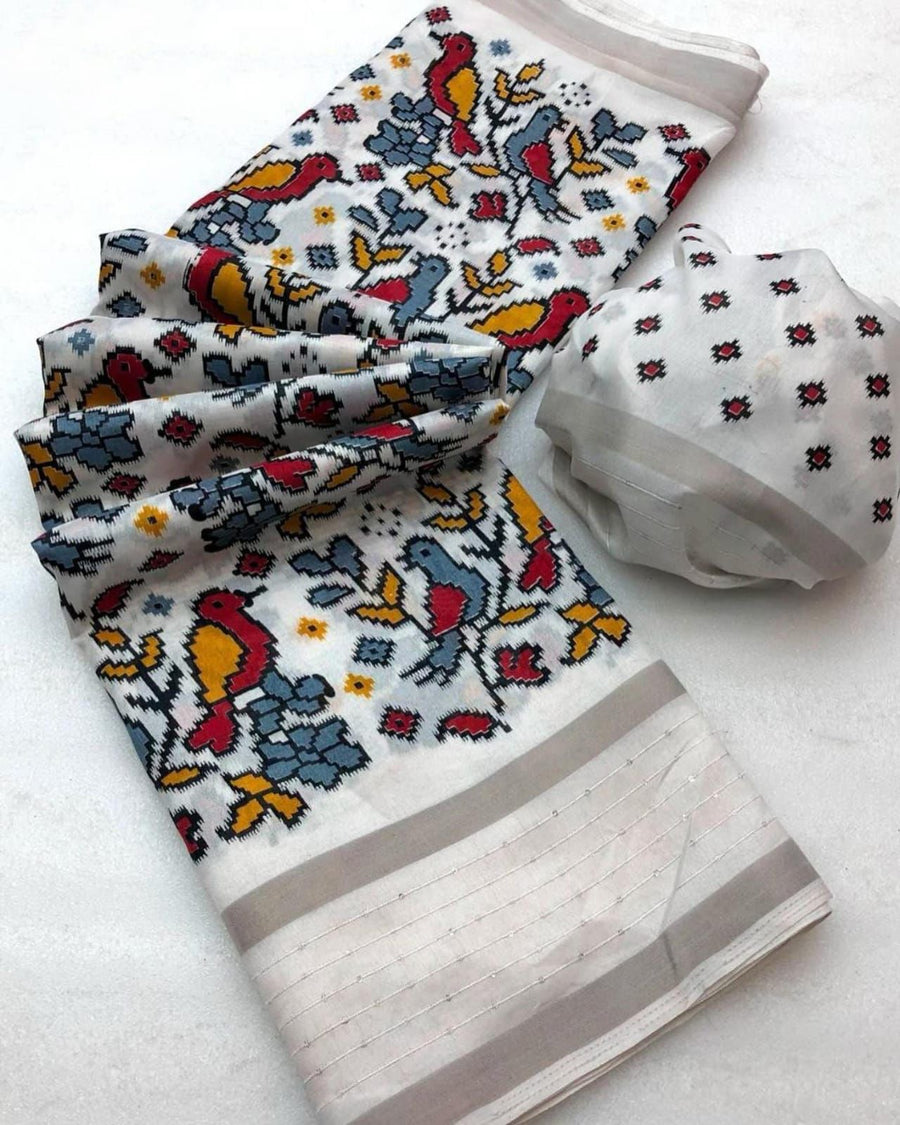 Eye-catching White Digital Printed Dola Silk Saree With Admirable Blou - Shop authentic Indian Women's Fashion by Silk Folks