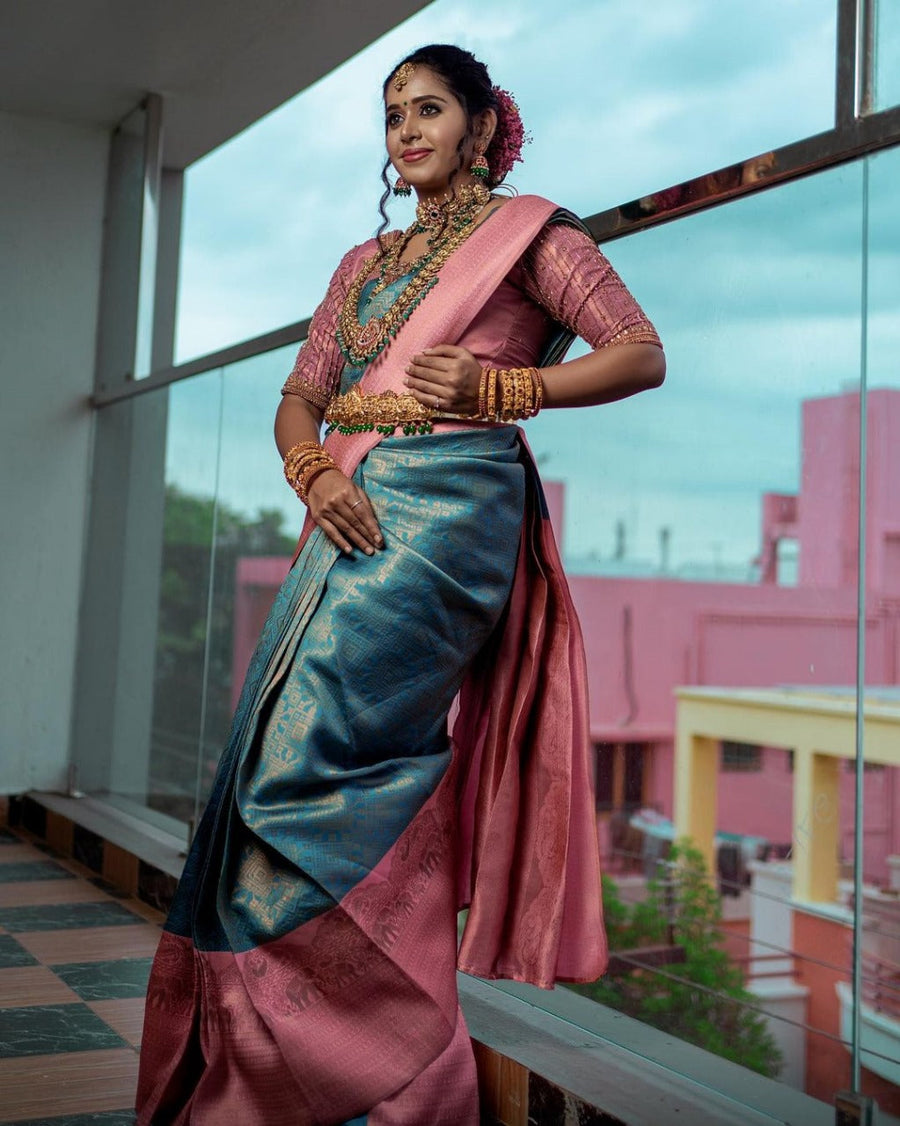 Murmurous Firozi Soft Silk Saree With Classy Blouse Piece - Shop authentic Indian Women's Fashion by Silk Folks