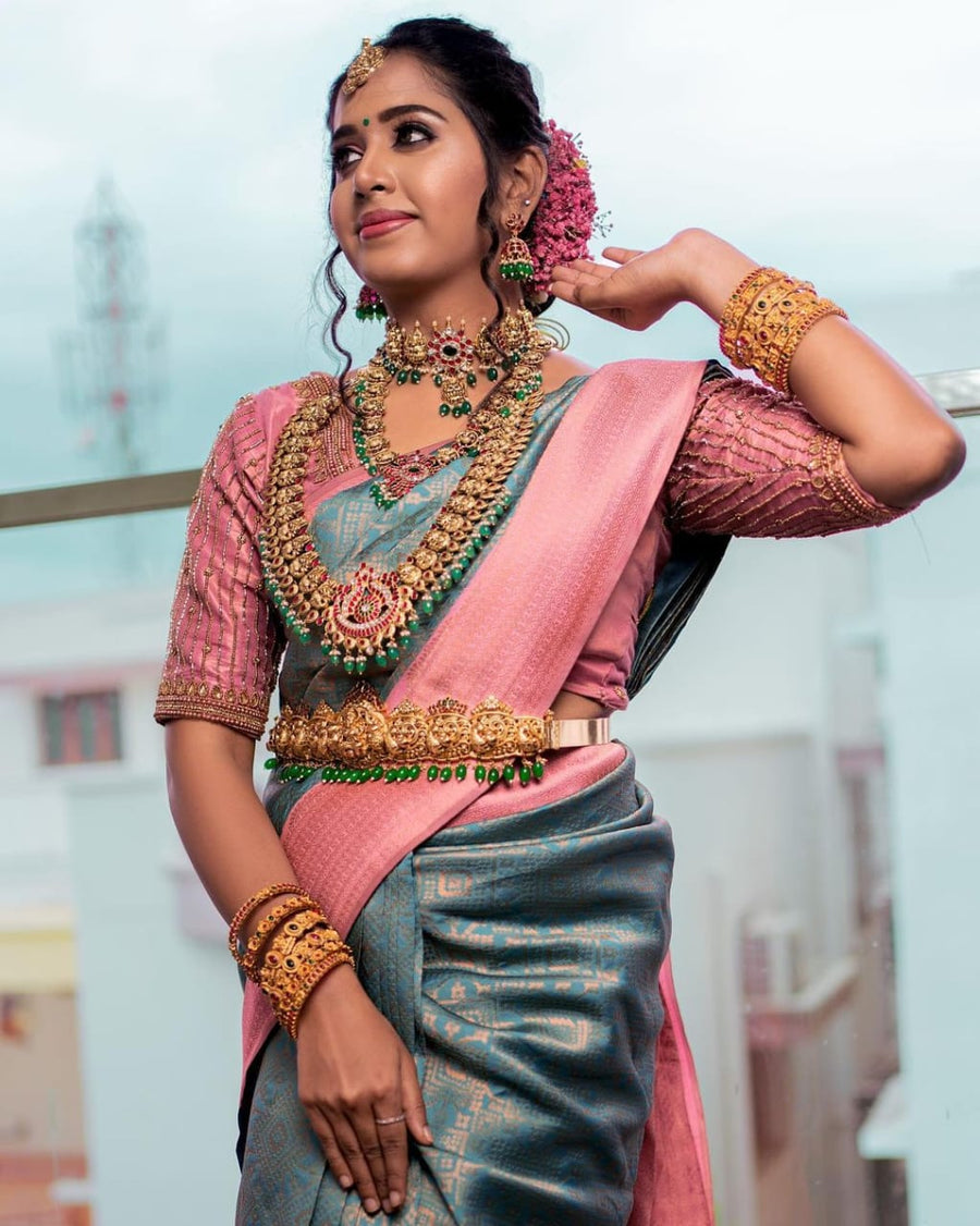Murmurous Firozi Soft Silk Saree With Classy Blouse Piece - Shop authentic Indian Women's Fashion by Silk Folks