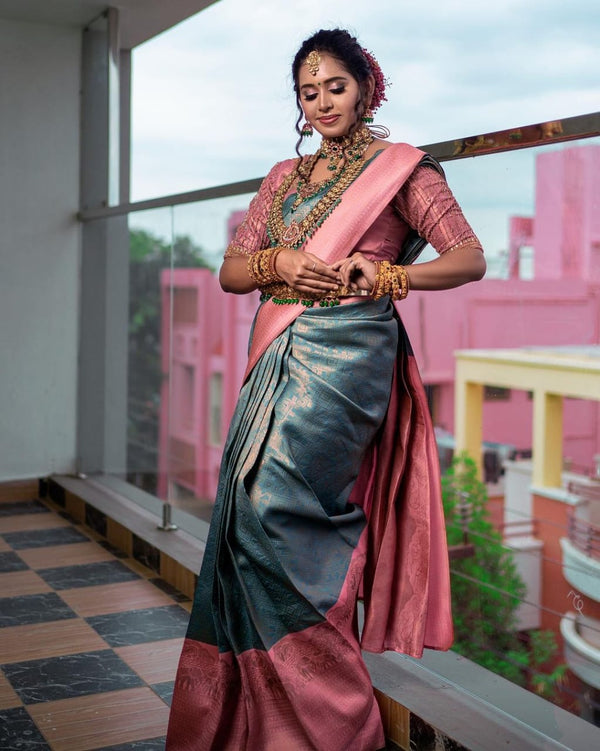 Murmurous Firozi Soft Silk Saree With Classy Blouse Piece - Shop authentic Indian Women's Fashion by Silk Folks