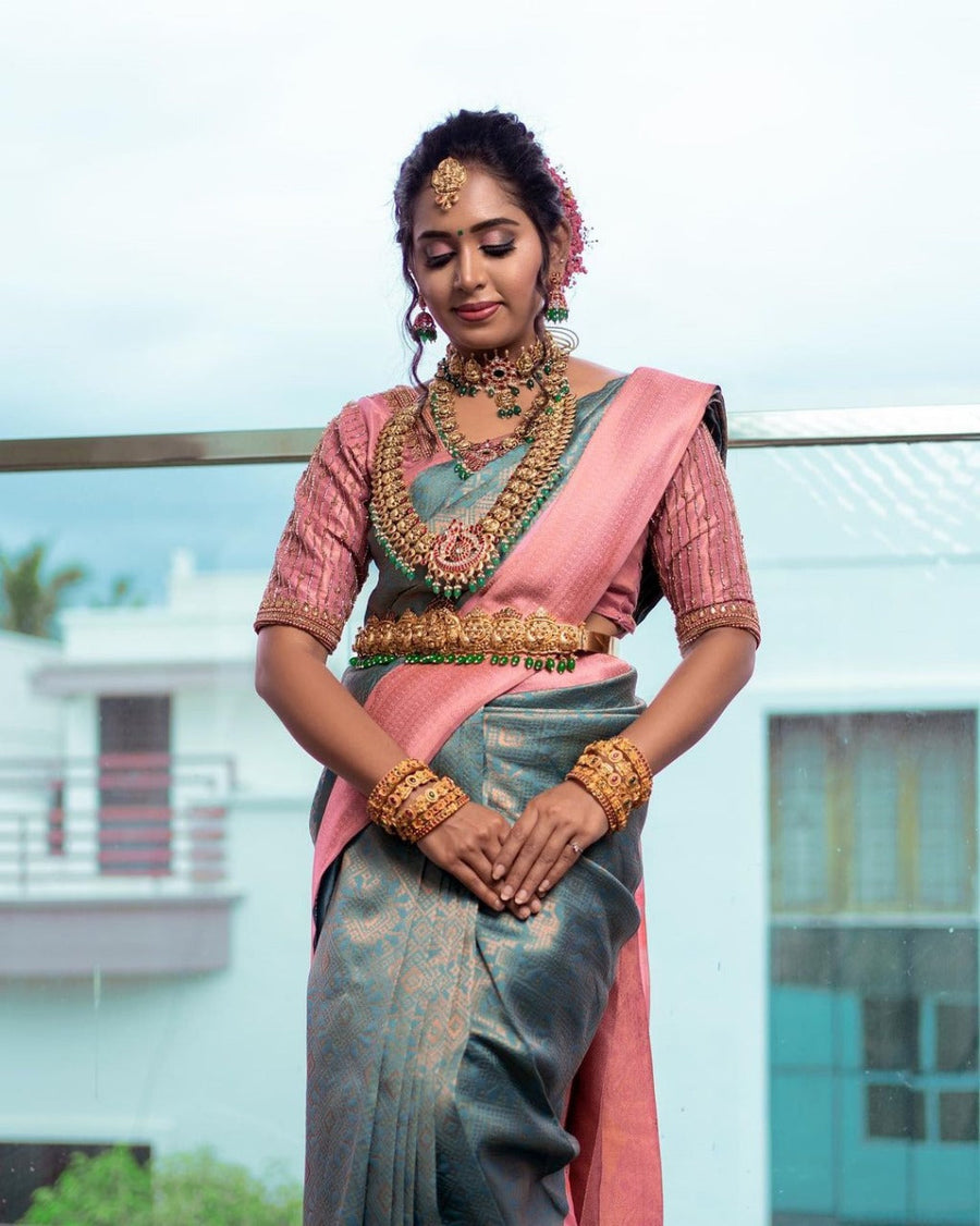 Murmurous Firozi Soft Silk Saree With Classy Blouse Piece - Shop authentic Indian Women's Fashion by Silk Folks