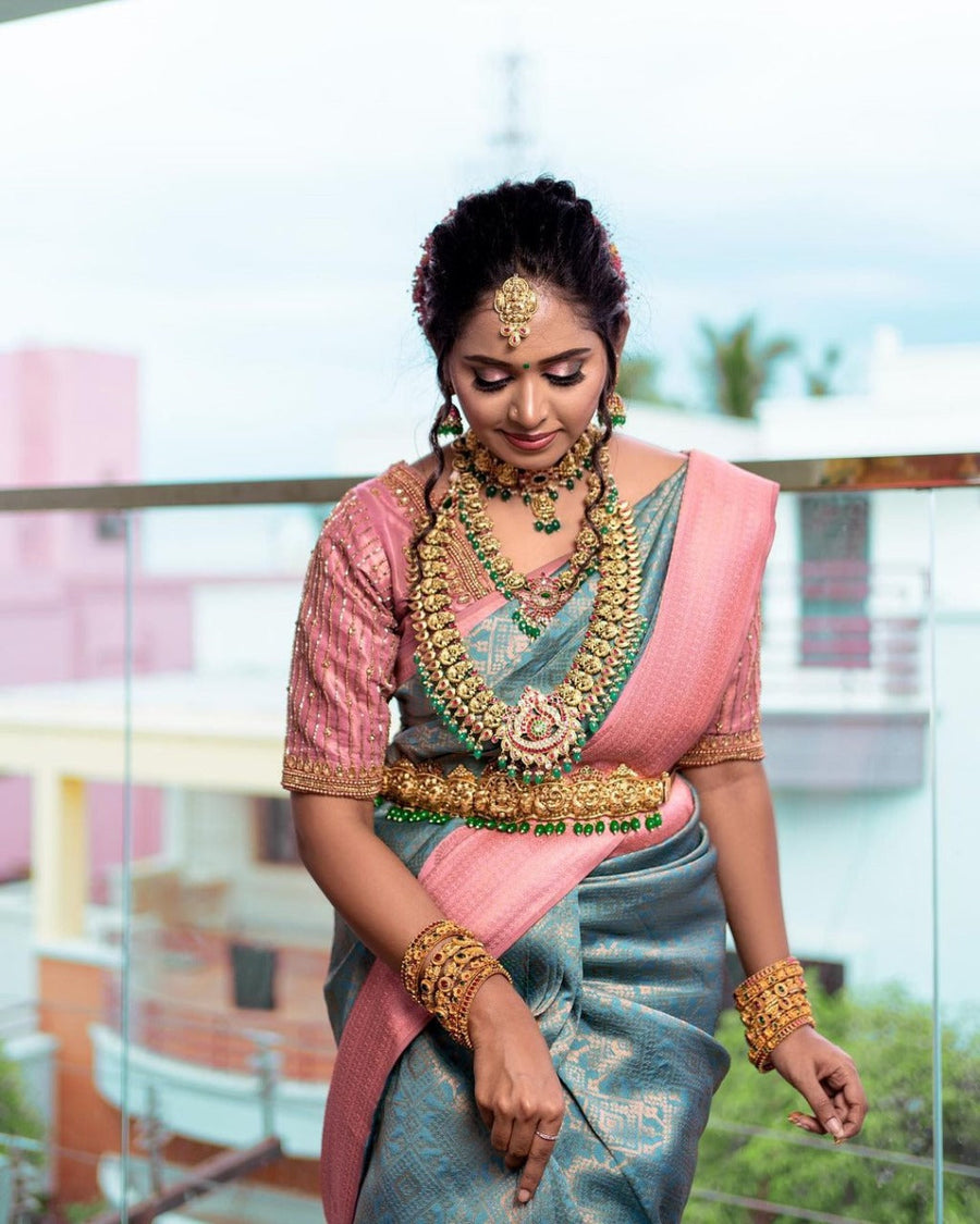 Murmurous Firozi Soft Silk Saree With Classy Blouse Piece - Shop authentic Indian Women's Fashion by Silk Folks