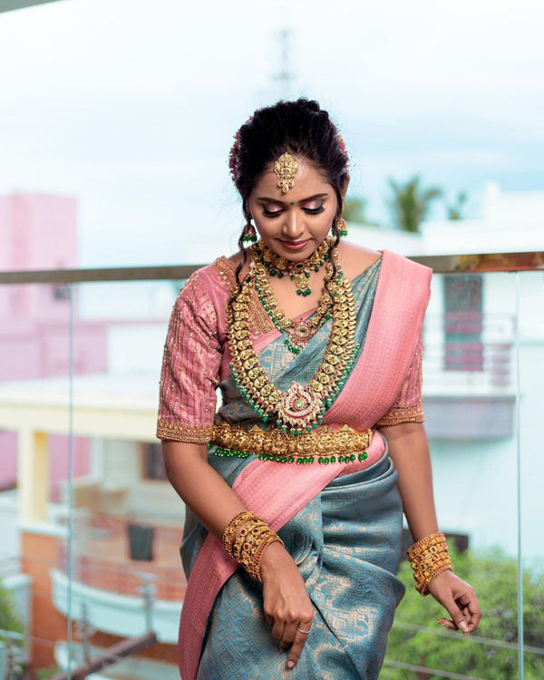 Murmurous Firozi Soft Silk Saree With Classy Blouse Piece - Shop authentic Indian Women's Fashion by Silk Folks