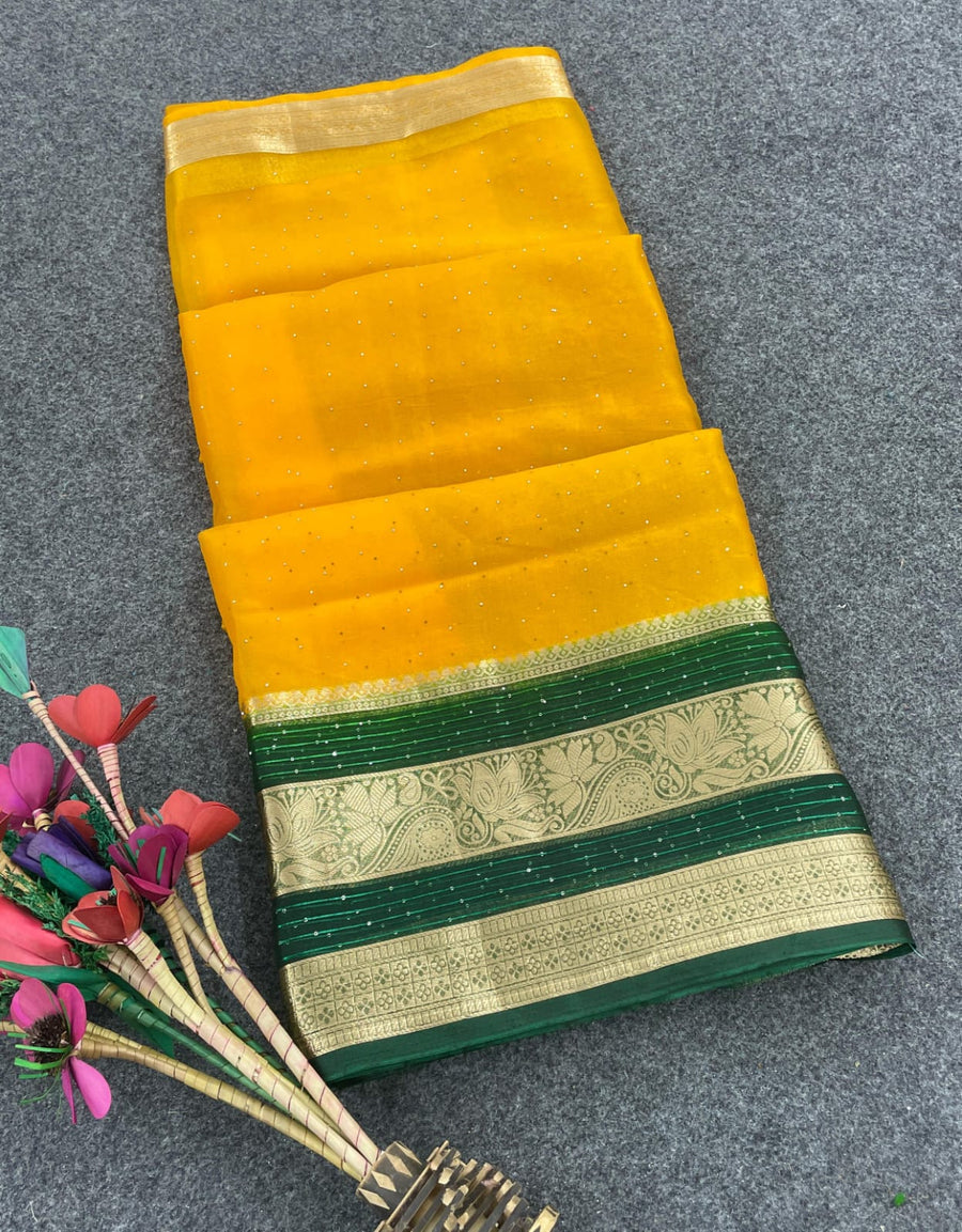 Mesmerising Yellow Organza Silk Saree With Allure Blouse Piece - Shop authentic Indian Women's Fashion by Silk Folks