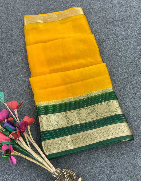 Mesmerising Yellow Organza Silk Saree With Allure Blouse Piece - Shop authentic Indian Women's Fashion by Silk Folks