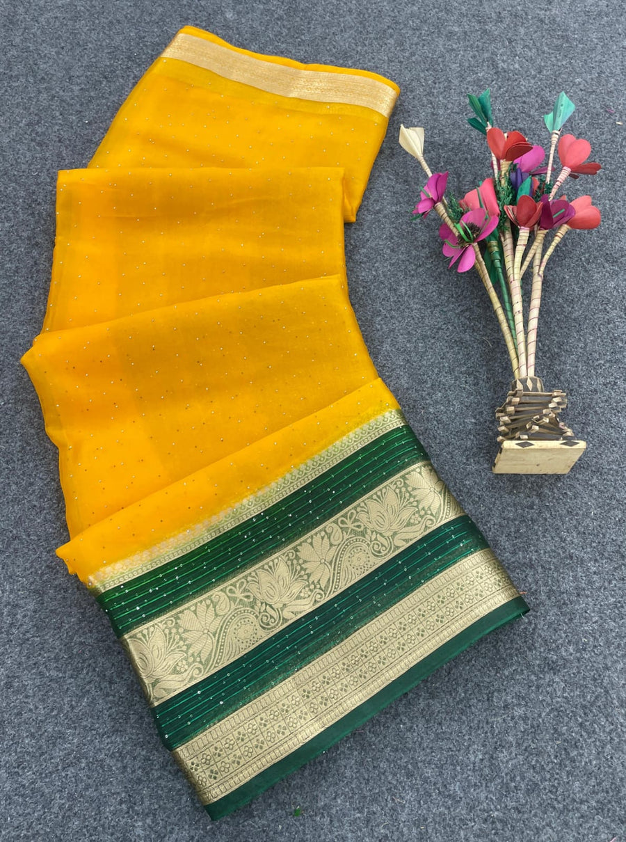 Mesmerising Yellow Organza Silk Saree With Allure Blouse Piece - Shop authentic Indian Women's Fashion by Silk Folks