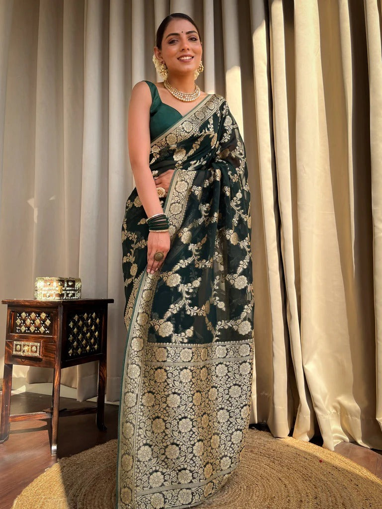 Tantalizing Dark Green Soft Silk Saree With Unique Blouse Piece - Shop authentic Indian Women's Fashion by Silk Folks