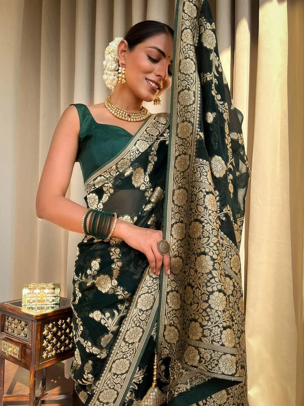Tantalizing Dark Green Soft Silk Saree With Unique Blouse Piece - Shop authentic Indian Women's Fashion by Silk Folks