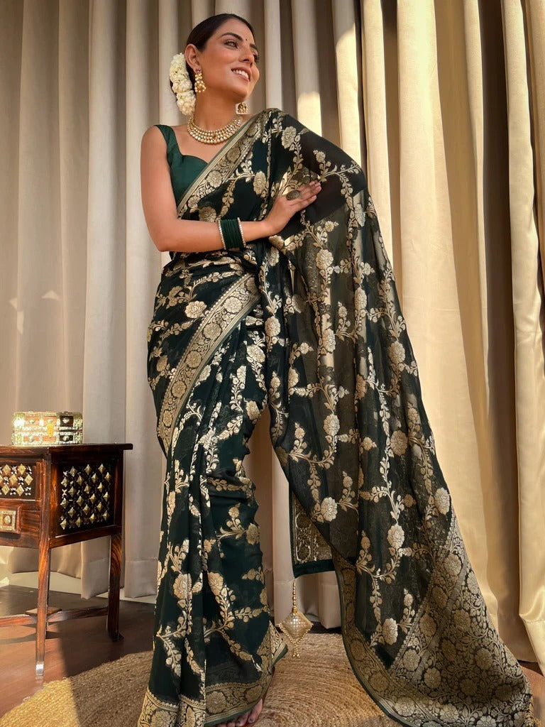 Tantalizing Dark Green Soft Silk Saree With Unique Blouse Piece - Shop authentic Indian Women's Fashion by Silk Folks