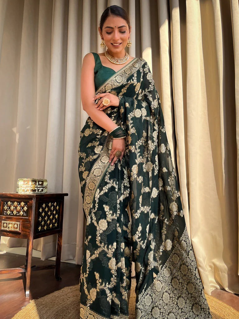 Tantalizing Dark Green Soft Silk Saree With Unique Blouse Piece - Shop authentic Indian Women's Fashion by Silk Folks