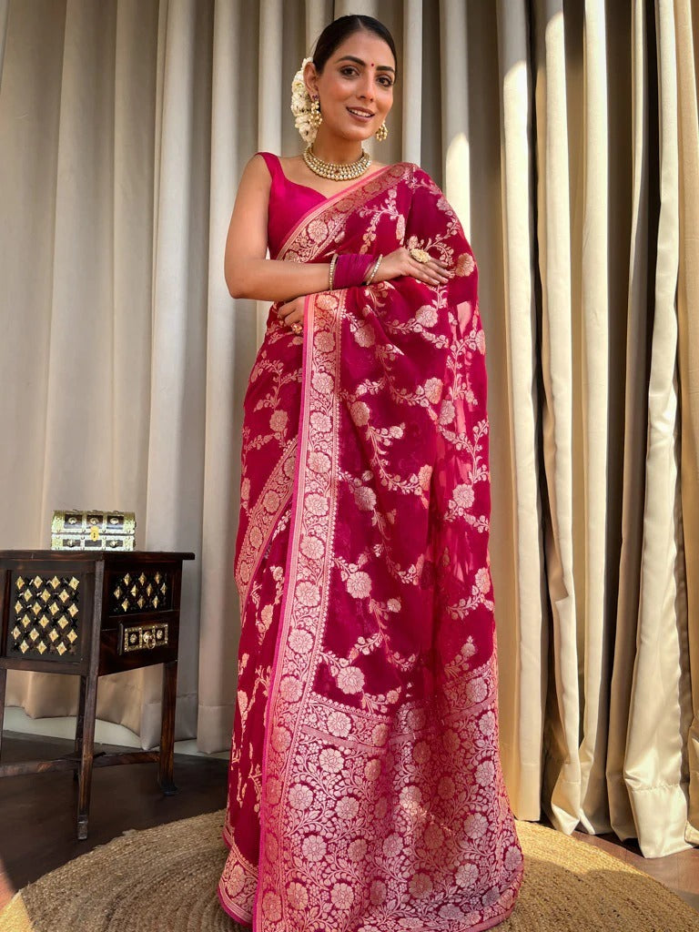 Nectarous Dark Pink Soft Silk Saree With Extraordinary Blouse Piece - Shop authentic Indian Women's Fashion by Silk Folks