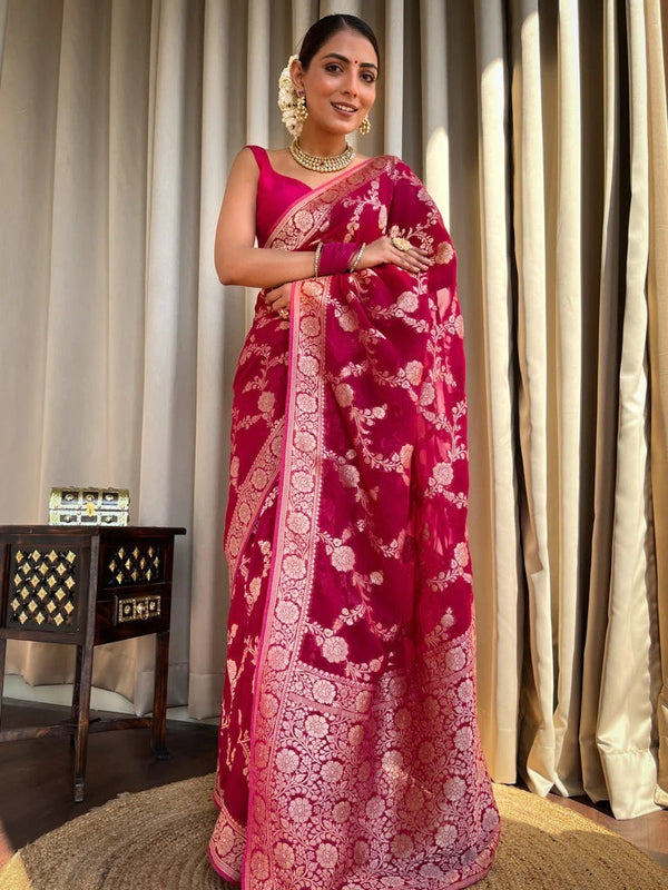 Nectarous Dark Pink Soft Silk Saree With Extraordinary Blouse Piece - Shop authentic Indian Women's Fashion by Silk Folks