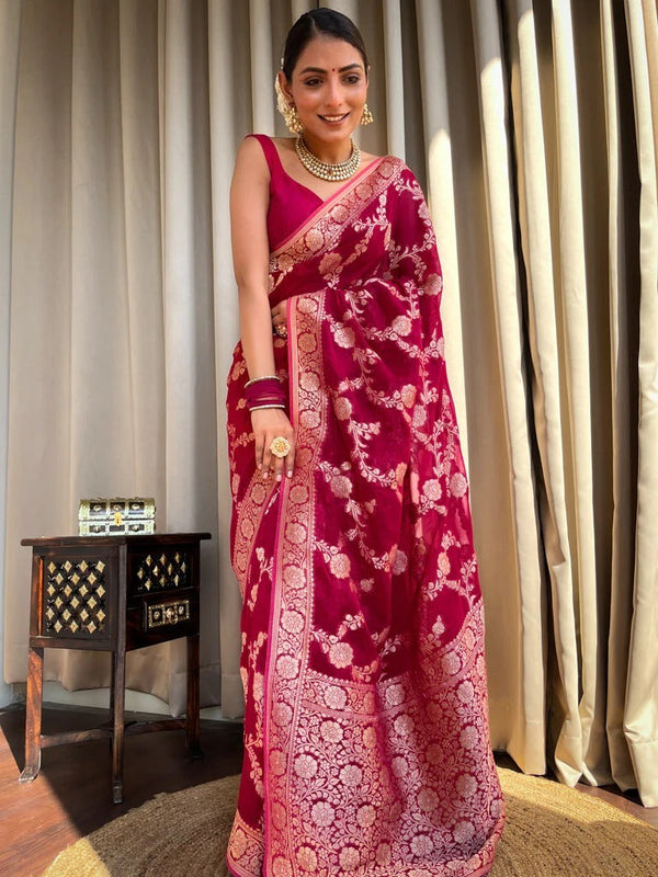 Nectarous Dark Pink Soft Silk Saree With Extraordinary Blouse Piece - Shop authentic Indian Women's Fashion by Silk Folks