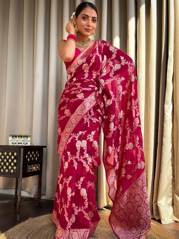 Nectarous Dark Pink Soft Silk Saree With Extraordinary Blouse Piece - Shop authentic Indian Women's Fashion by Silk Folks