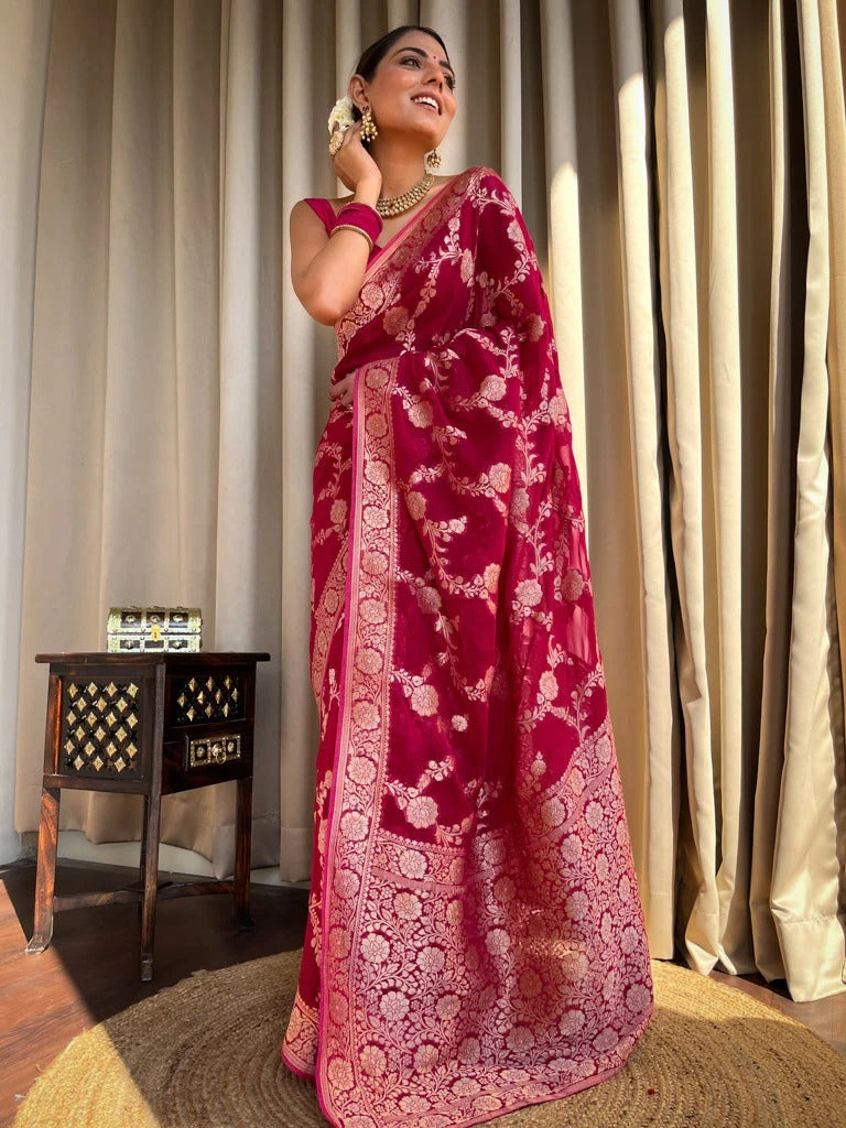 Nectarous Dark Pink Soft Silk Saree With Extraordinary Blouse Piece - Shop authentic Indian Women's Fashion by Silk Folks