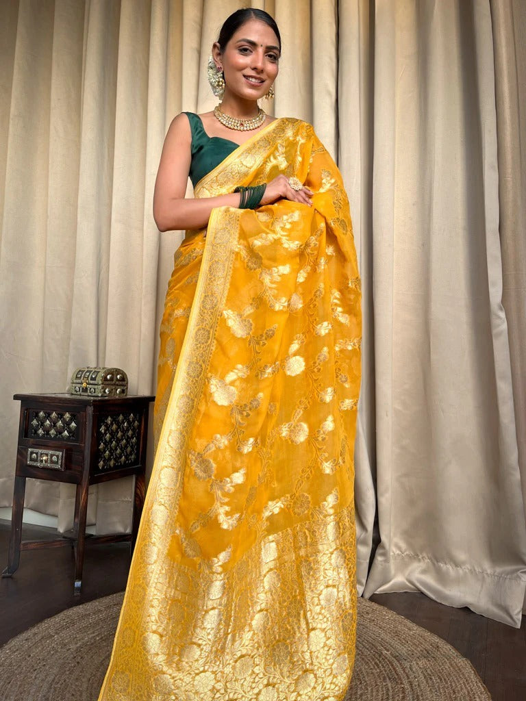 Imaginative Yellow Soft Silk Saree With Super classy Blouse Piece - Shop authentic Indian Women's Fashion by Silk Folks