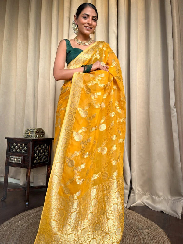 Imaginative Yellow Soft Silk Saree With Super classy Blouse Piece - Shop authentic Indian Women's Fashion by Silk Folks