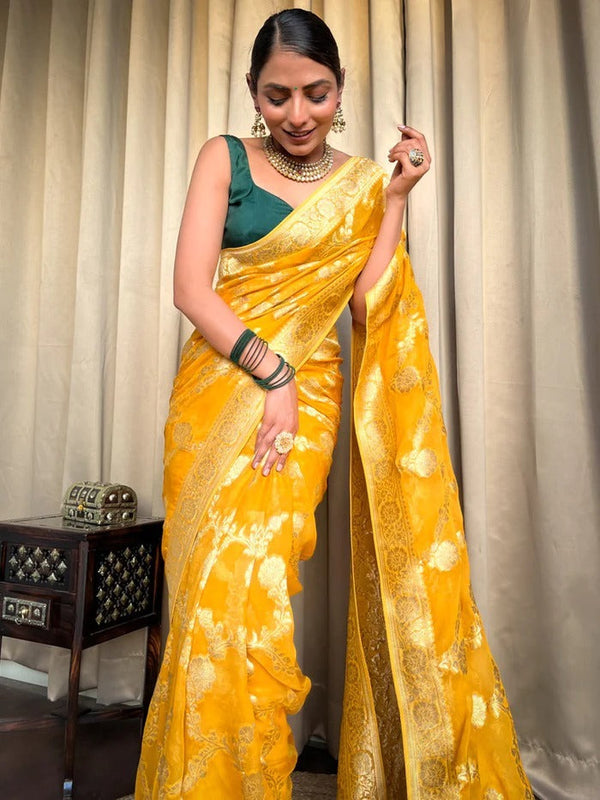 Imaginative Yellow Soft Silk Saree With Super classy Blouse Piece - Shop authentic Indian Women's Fashion by Silk Folks