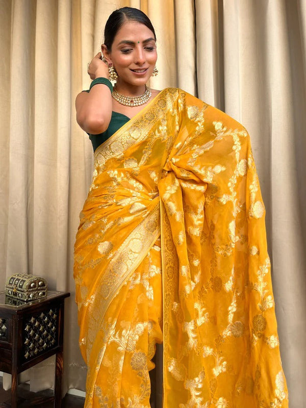 Imaginative Yellow Soft Silk Saree With Super classy Blouse Piece - Shop authentic Indian Women's Fashion by Silk Folks