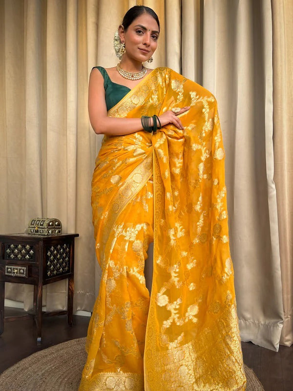 Imaginative Yellow Soft Silk Saree With Super classy Blouse Piece - Shop authentic Indian Women's Fashion by Silk Folks