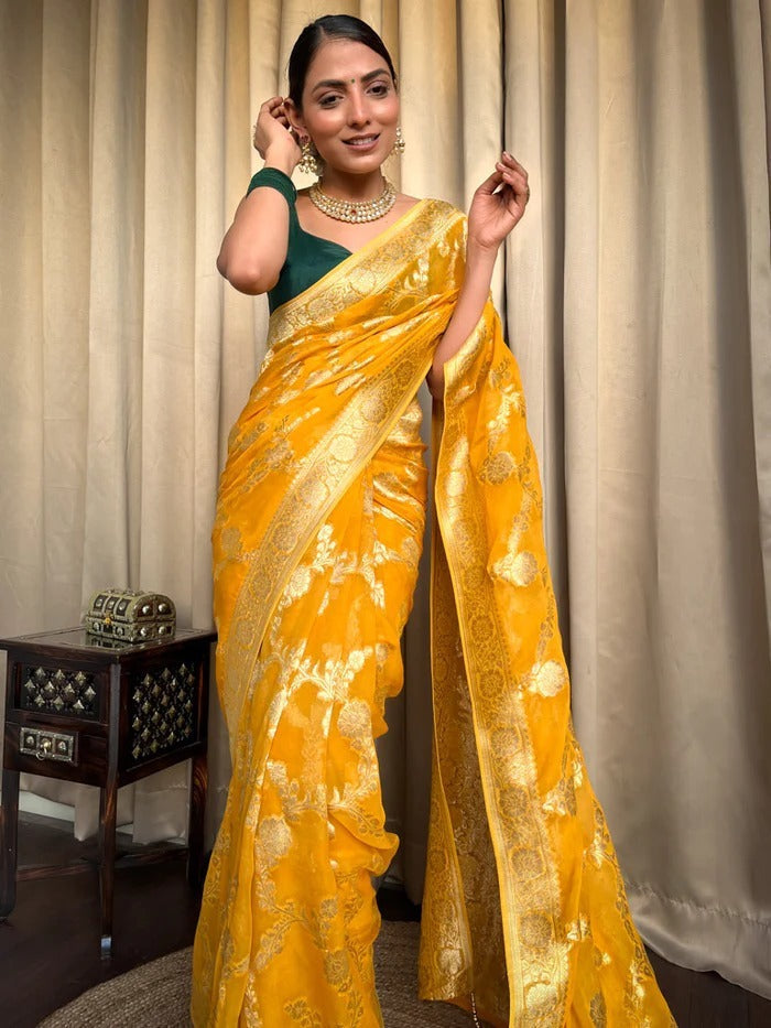 Imaginative Yellow Soft Silk Saree With Super classy Blouse Piece - Shop authentic Indian Women's Fashion by Silk Folks