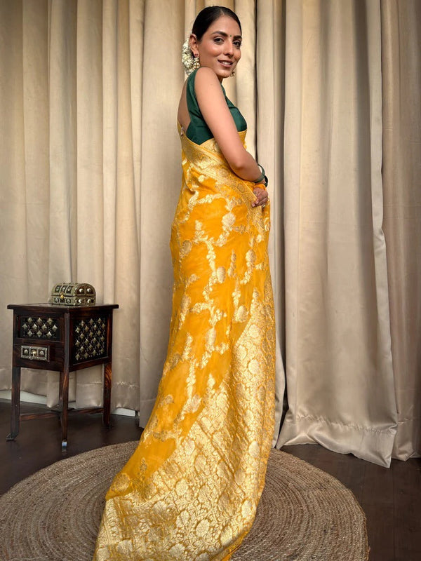 Imaginative Yellow Soft Silk Saree With Super classy Blouse Piece - Shop authentic Indian Women's Fashion by Silk Folks