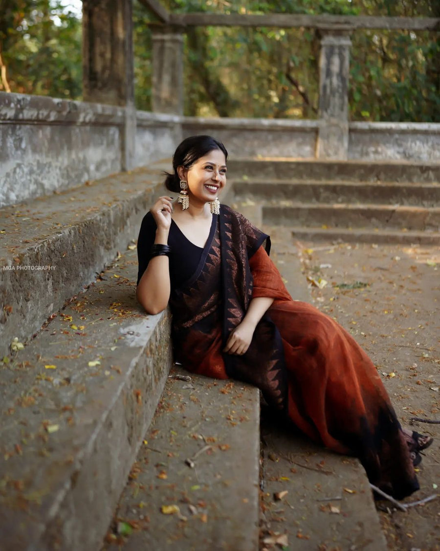 Tiger Orange Maheshawari Cotton Silk Saree - Shop authentic Indian Women's Fashion by Silk Folks