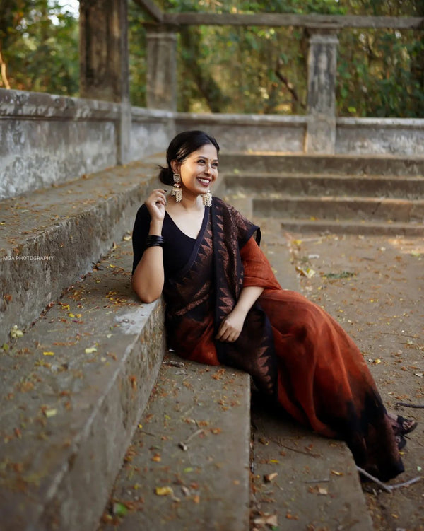 Tiger Orange Maheshawari Cotton Silk Saree - Shop authentic Indian Women's Fashion by Silk Folks
