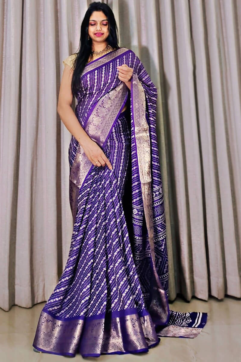 Meteorite Blue Printed Dola Silk Saree - Shop authentic Indian Women's Fashion by Silk Folks