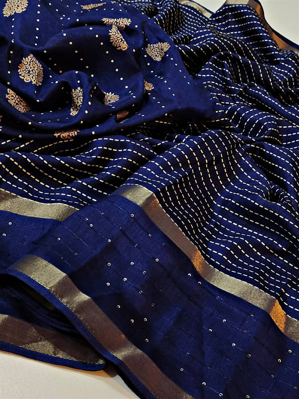 Onyx Blue Printed Dola Silk Saree - Shop authentic Indian Women's Fashion by Silk Folks