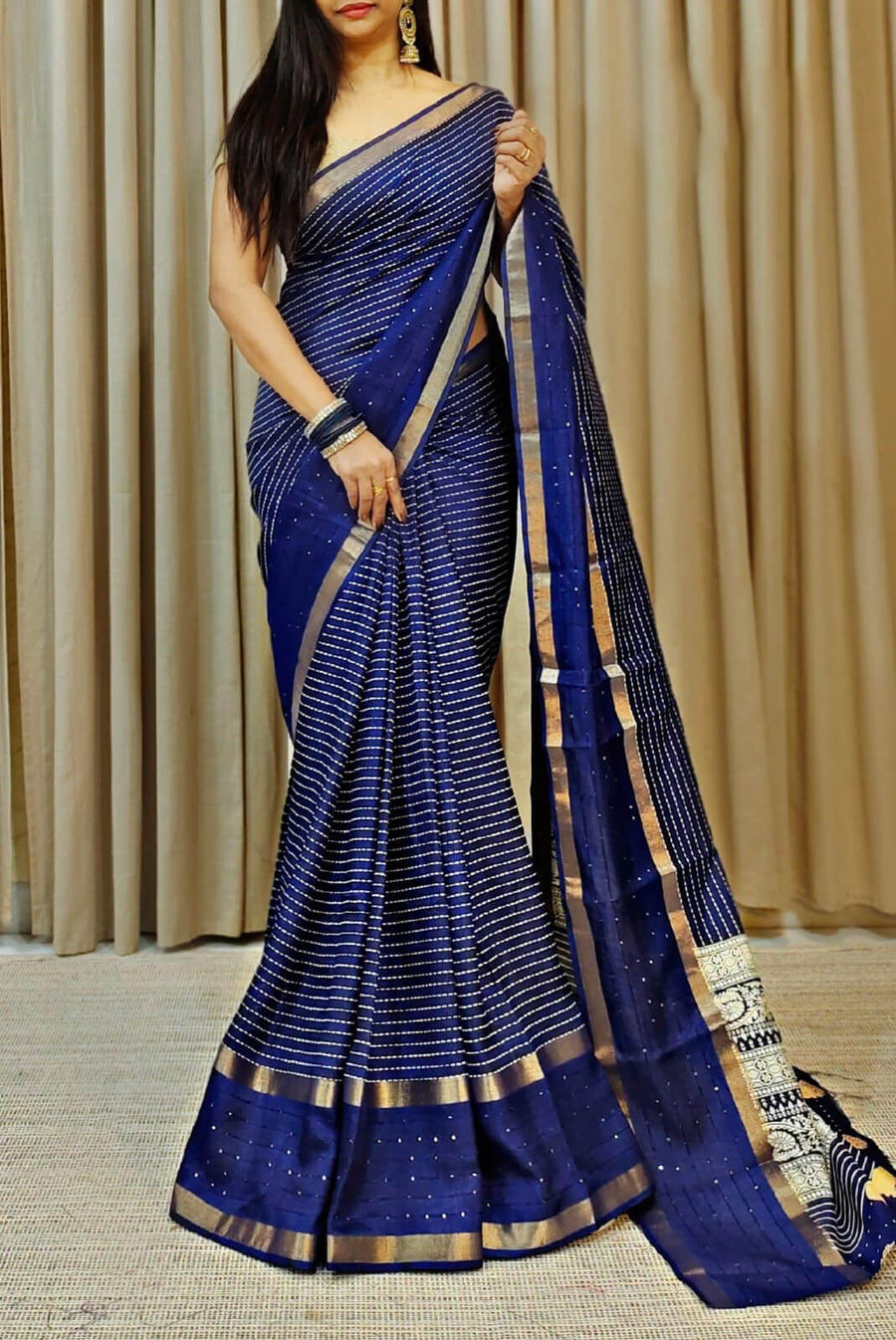 Onyx Blue Printed Dola Silk Saree - Shop authentic Indian Women's Fashion by Silk Folks