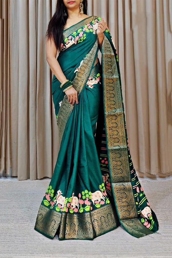 Teal Green Printed Dola Silk Saree - Shop authentic Indian Women's Fashion by Silk Folks